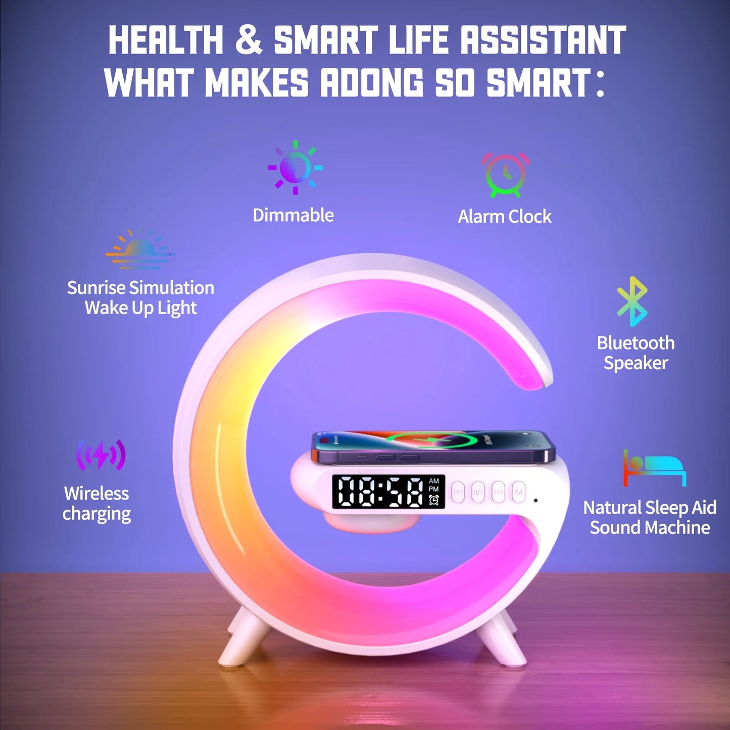 Wireless Speaker, G Shape Table Lamp,Adjustable Brightness Atmosphere Lamp Night Lightwith Alarm Clock & Charging Function,Gifts(Black)