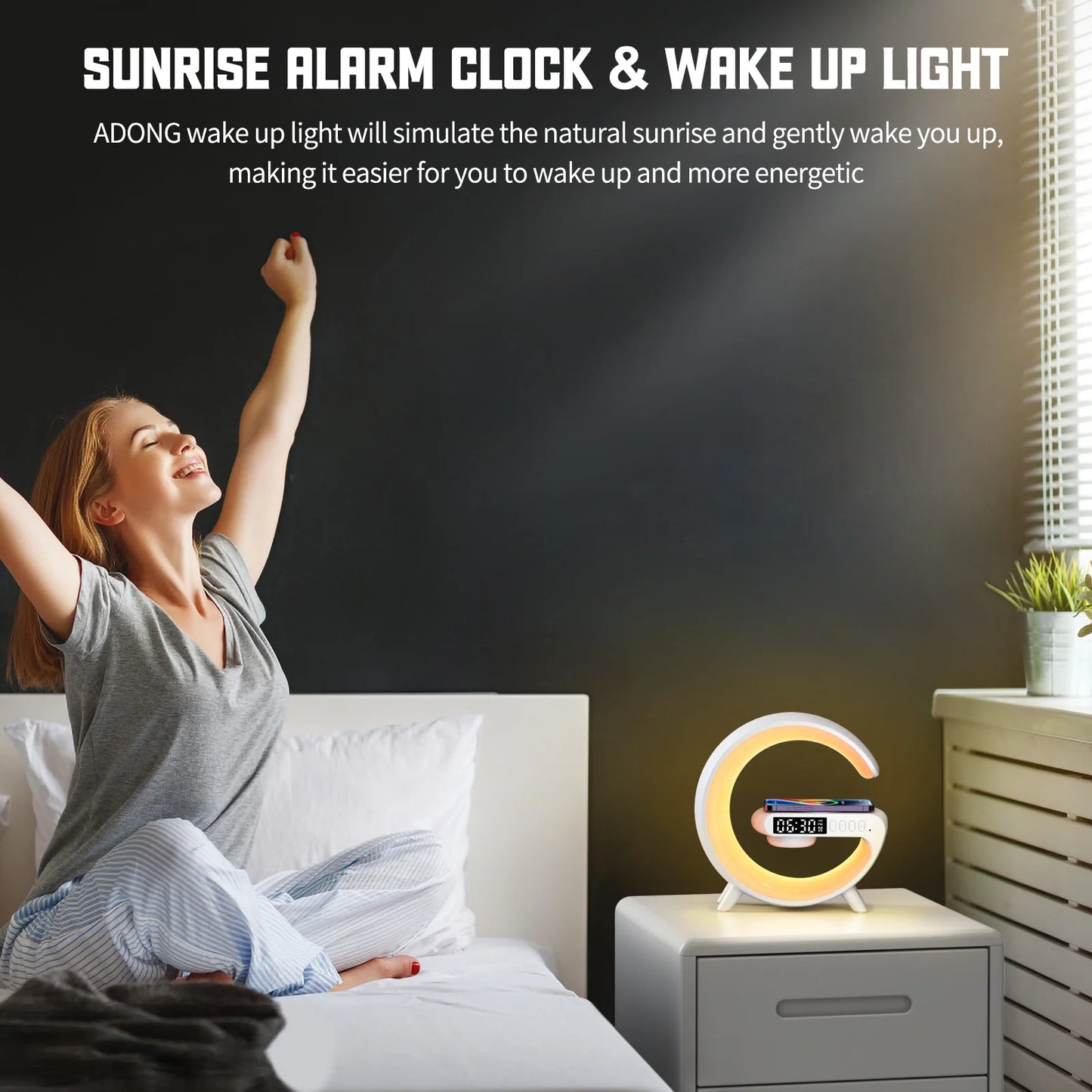 Wireless Speaker, G Shape Table Lamp,Adjustable Brightness Atmosphere Lamp Night Lightwith Alarm Clock & Charging Function,Gifts(Black)