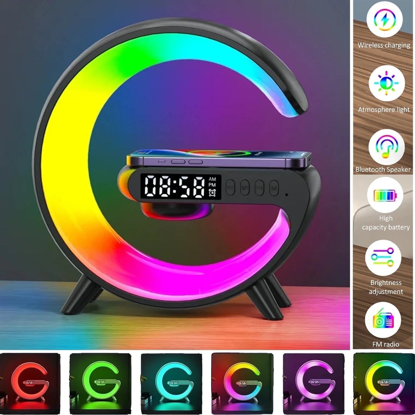 Wireless Speaker, G Shape Table Lamp,Adjustable Brightness Atmosphere Lamp Night Lightwith Alarm Clock & Charging Function,Gifts(Black)