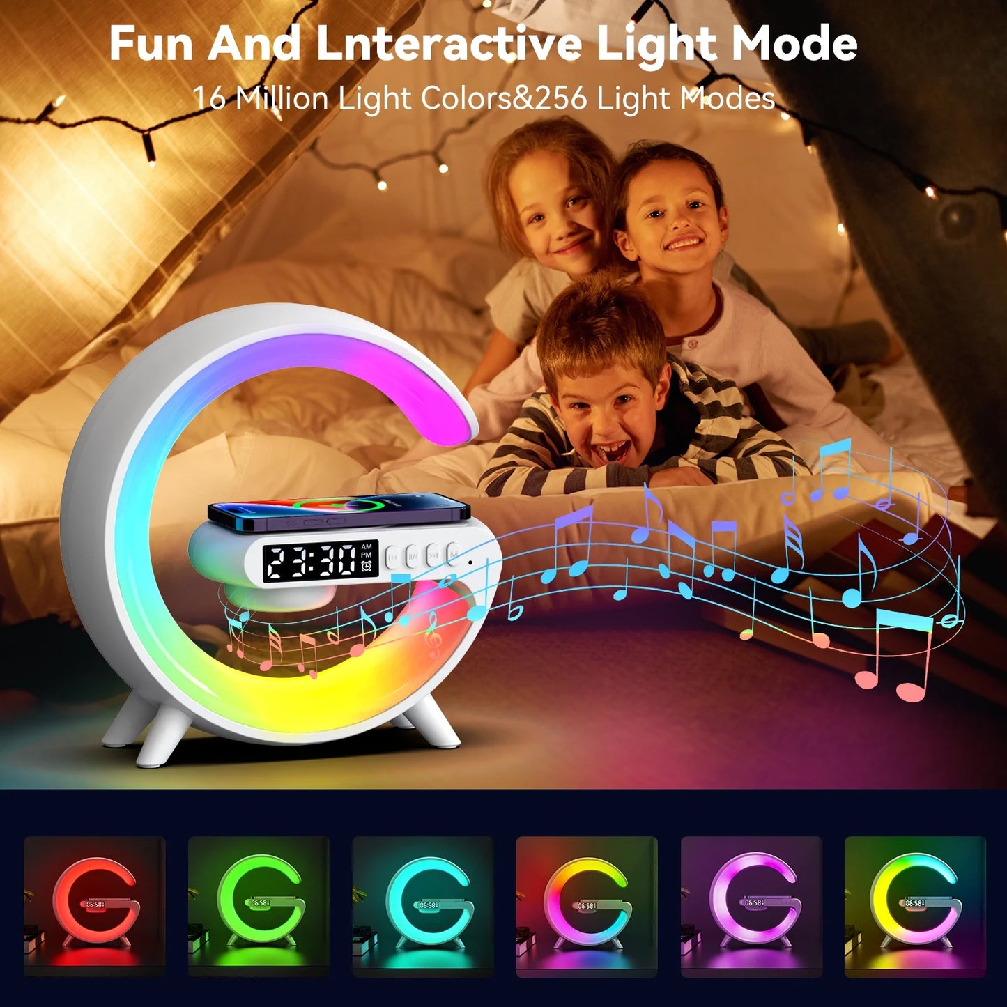 Wireless Speaker, G Shape Table Lamp,Adjustable Brightness Atmosphere Lamp Night Lightwith Alarm Clock & Charging Function,Gifts(Black)