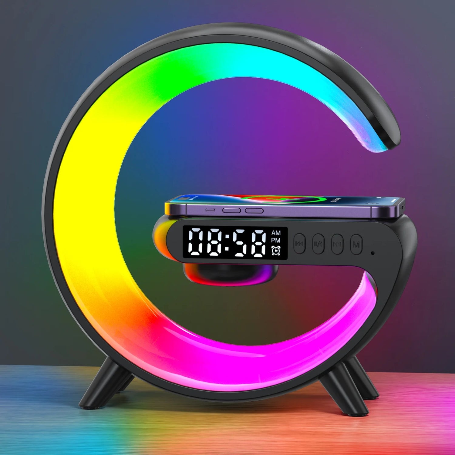 Wireless Speaker, G Shape Table Lamp,Adjustable Brightness Atmosphere Lamp Night Lightwith Alarm Clock & Charging Function,Gifts(Black)