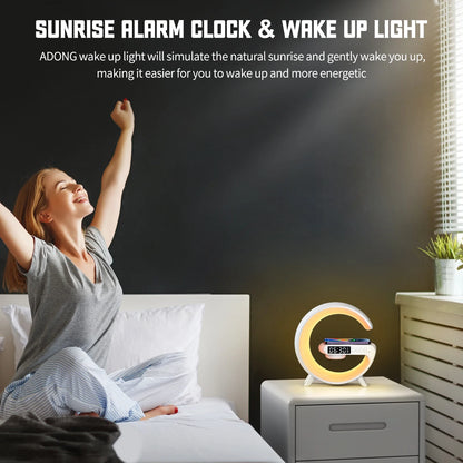 Wireless Speaker, G Shape Table Lamp,Adjustable Brightness Atmosphere Lamp Night Lightwith Alarm Clock & Charging Function,Gifts(Black)