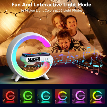 Wireless Speaker, G Shape Table Lamp,Adjustable Brightness Atmosphere Lamp Night Lightwith Alarm Clock & Charging Function,Gifts(Black)